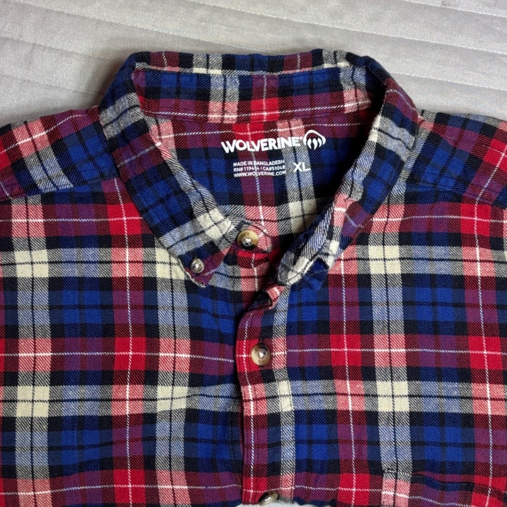 WOLVERINE‎ Mens XL Flannel Shirt Red Blue Plaid Long Sleeve Button Up Casual